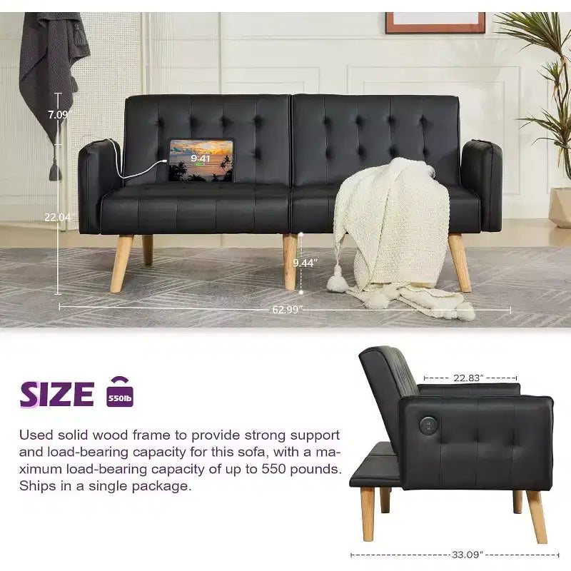 TYBOATLE 65 Convertible Loveseat Sofa Bed with USB Ports, 3-Position Adjustable Backrest, Modern Tufted Small Sofa