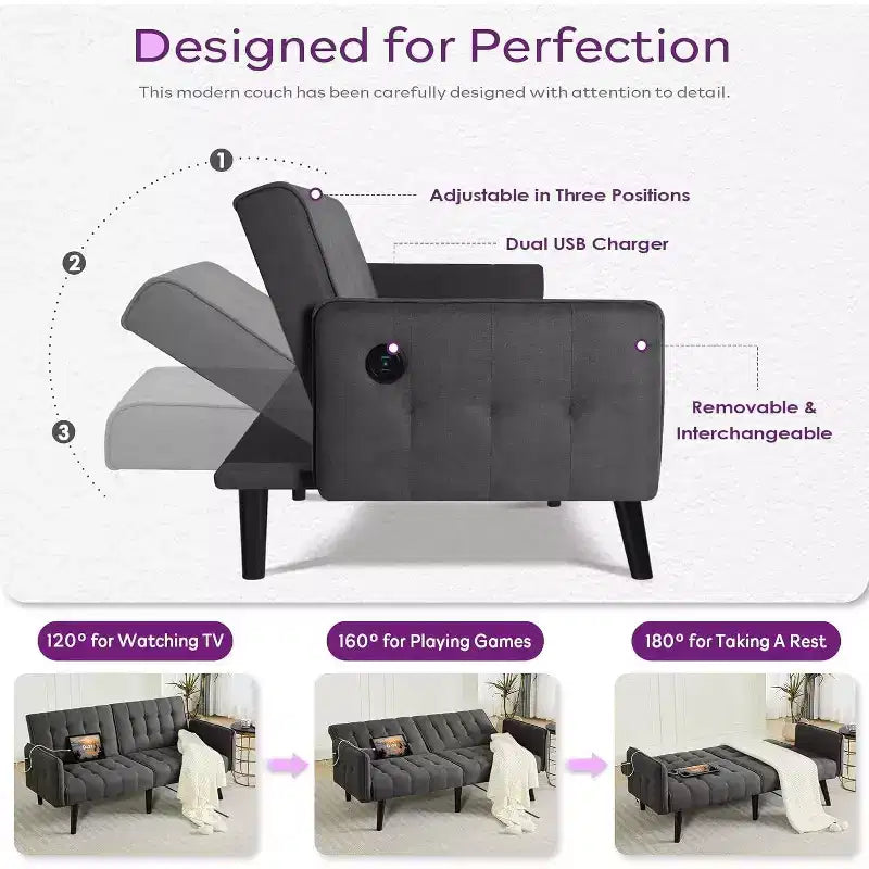 TYBOATLE 65 Convertible Loveseat Sofa Bed with USB Ports, 3-Position Adjustable Backrest, Modern Tufted Small Sofa
