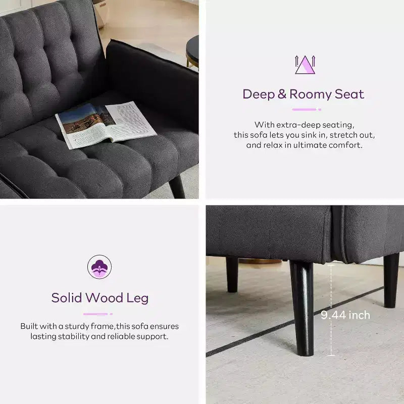 TYBOATLE 65 Convertible Loveseat Sofa Bed with USB Ports, 3-Position Adjustable Backrest, Modern Tufted Small Sofa
