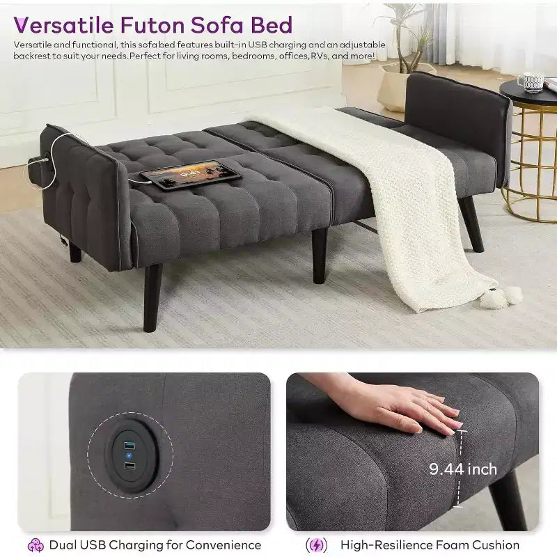 TYBOATLE 65 Convertible Loveseat Sofa Bed with USB Ports, 3-Position Adjustable Backrest, Modern Tufted Small Sofa