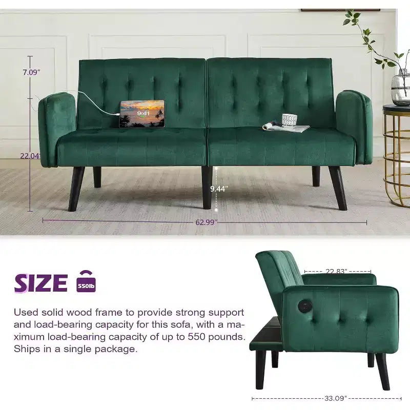 TYBOATLE 65 Convertible Loveseat Sofa Bed with USB Ports, 3-Position Adjustable Backrest, Modern Tufted Small Sofa