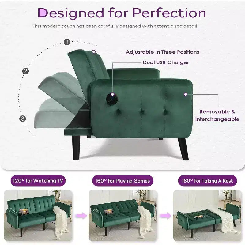 TYBOATLE 65 Convertible Loveseat Sofa Bed with USB Ports, 3-Position Adjustable Backrest, Modern Tufted Small Sofa