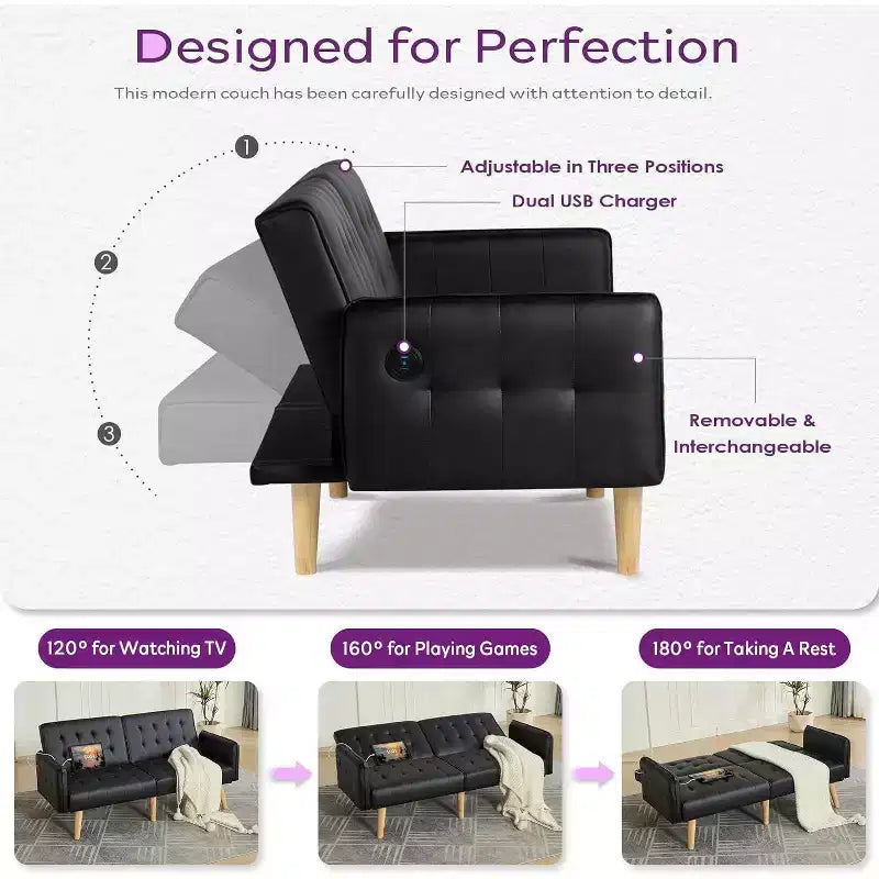 TYBOATLE 65 Convertible Loveseat Sofa Bed with USB Ports, 3-Position Adjustable Backrest, Modern Tufted Small Sofa