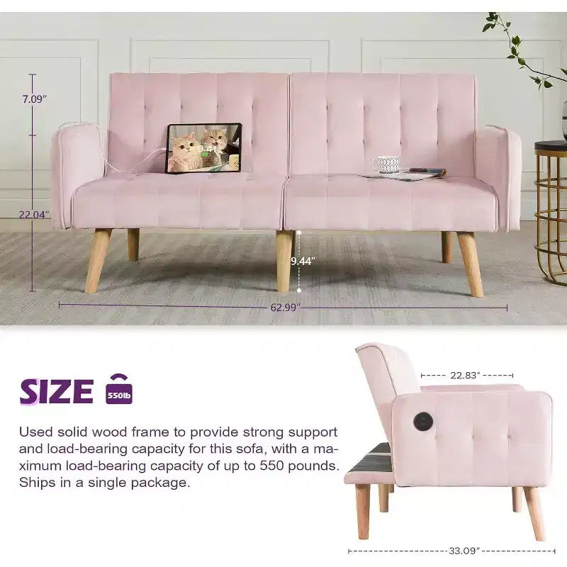 TYBOATLE 65 Convertible Loveseat Sofa Bed with USB Ports, 3-Position Adjustable Backrest, Modern Tufted Small Sofa