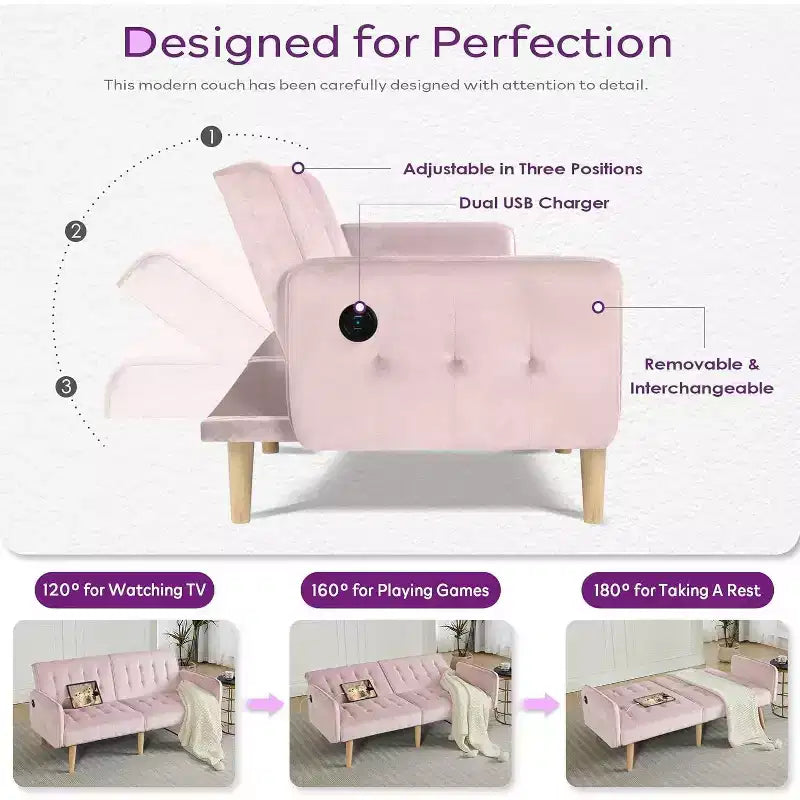 TYBOATLE 65 Convertible Loveseat Sofa Bed with USB Ports, 3-Position Adjustable Backrest, Modern Tufted Small Sofa