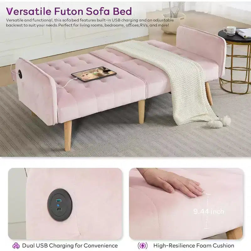TYBOATLE 65 Convertible Loveseat Sofa Bed with USB Ports, 3-Position Adjustable Backrest, Modern Tufted Small Sofa