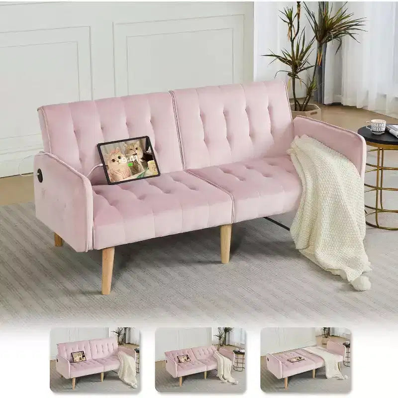 TYBOATLE 65 Convertible Loveseat Sofa Bed with USB Ports, 3-Position Adjustable Backrest, Modern Tufted Small Sofa