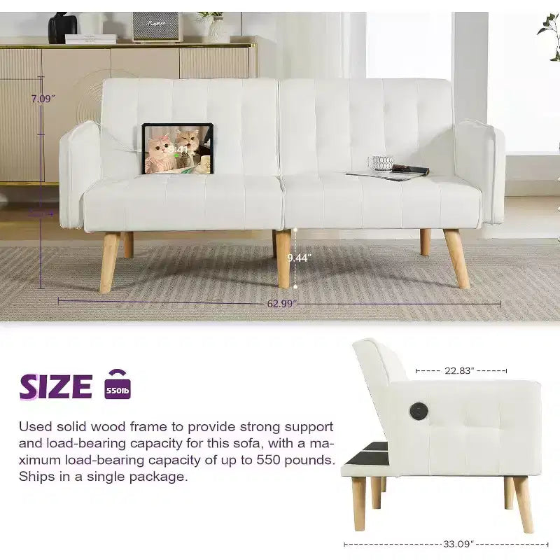 TYBOATLE 65 Convertible Loveseat Sofa Bed with USB Ports, 3-Position Adjustable Backrest, Modern Tufted Small Sofa