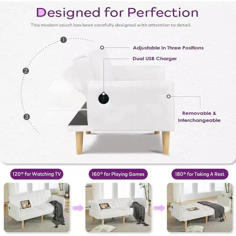 TYBOATLE 65 Convertible Loveseat Sofa Bed with USB Ports, 3-Position Adjustable Backrest, Modern Tufted Small Sofa