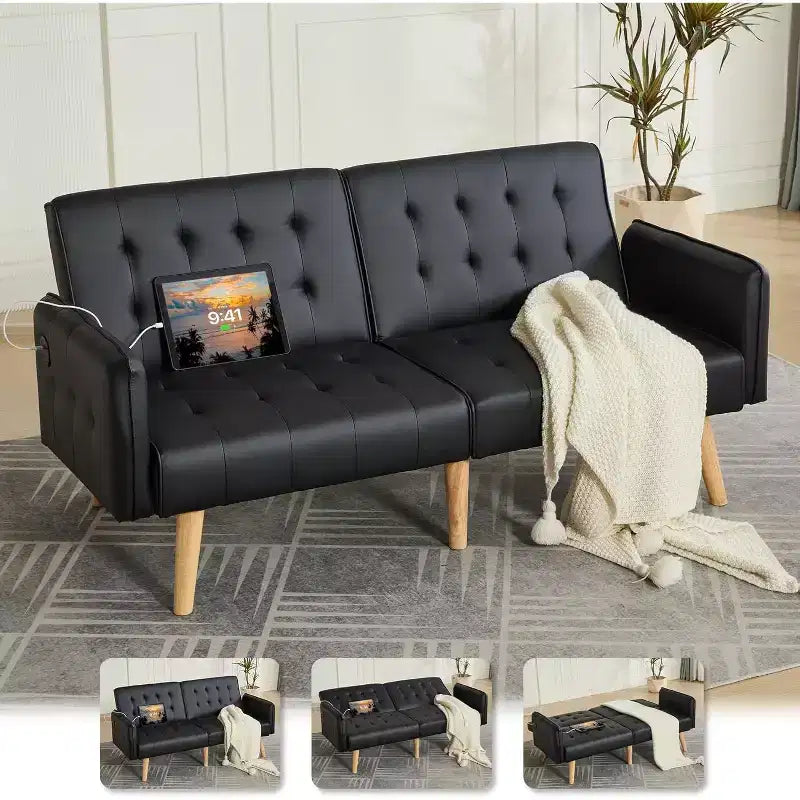 TYBOATLE 65 Convertible Loveseat Sofa Bed with USB Ports, 3-Position Adjustable Backrest, Modern Tufted Small Sofa
