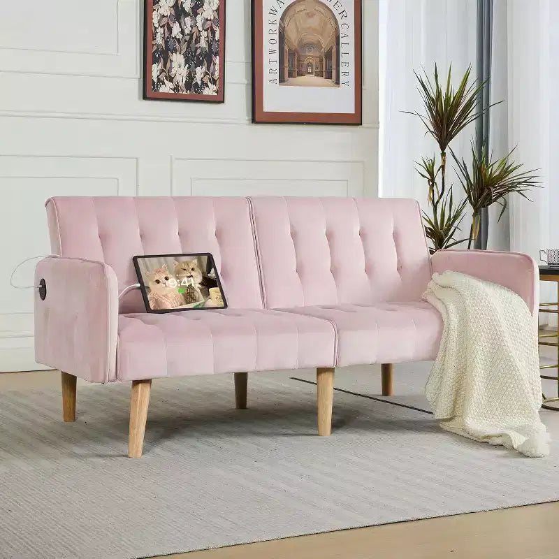 TYBOATLE 65 Convertible Loveseat Sofa Bed with USB Ports, 3-Position Adjustable Backrest, Modern Tufted Small Sofa