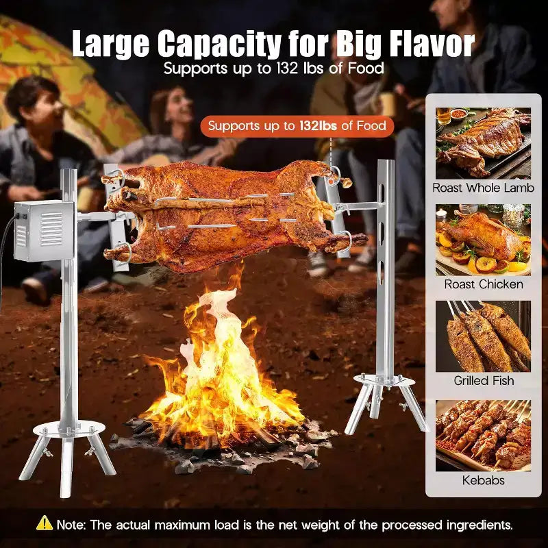 Kit de rôtissoire électrique AMERLIFE, capacité de 60 kg, rôtissoire barbecue réglable en hauteur en acier inoxydable pour agneau, dinde, camping en plein air