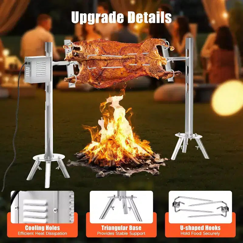 Kit de rôtissoire électrique AMERLIFE, capacité de 60 kg, rôtissoire barbecue réglable en hauteur en acier inoxydable pour agneau, dinde, camping en plein air