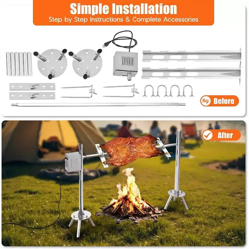 Kit de rôtissoire électrique AMERLIFE, capacité de 60 kg, rôtissoire barbecue réglable en hauteur en acier inoxydable pour agneau, dinde, camping en plein air