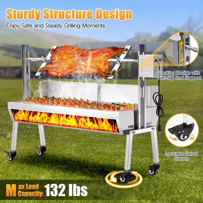 Kit de rôtissoire électrique AMERLIFE, capacité de 60 kg, rôtissoire barbecue réglable en hauteur en acier inoxydable pour agneau, dinde, camping en plein air
