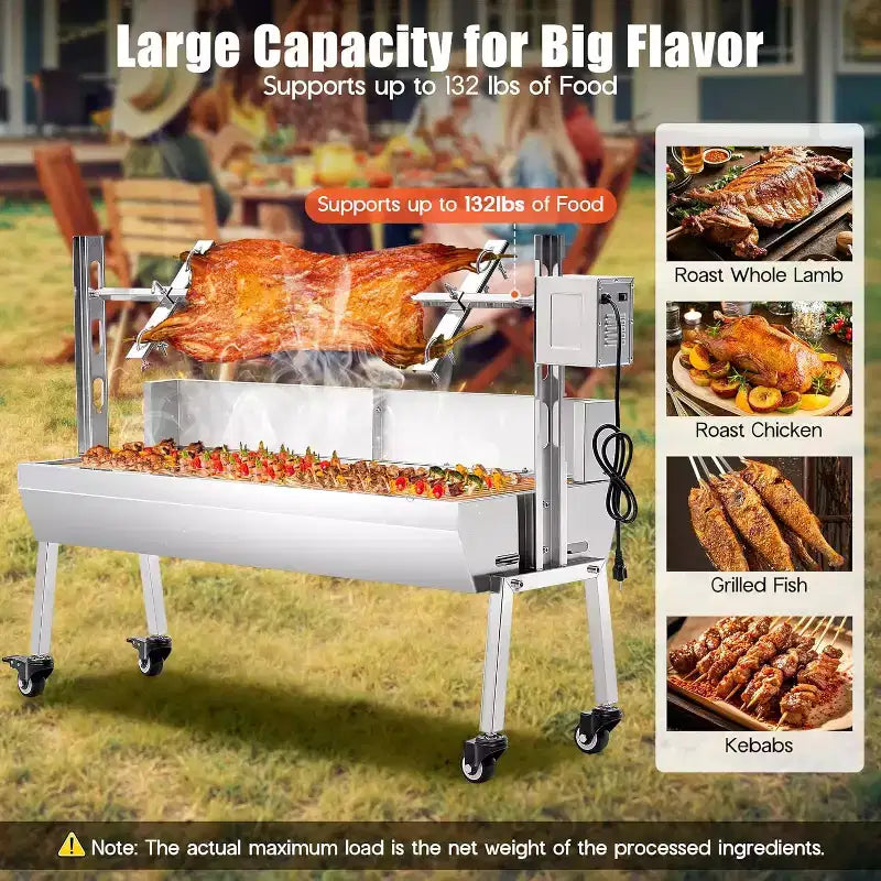 Kit de rôtissoire électrique AMERLIFE, capacité de 60 kg, rôtissoire barbecue réglable en hauteur en acier inoxydable pour agneau, dinde, camping en plein air