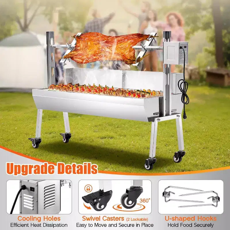 Kit de rôtissoire électrique AMERLIFE, capacité de 60 kg, rôtissoire barbecue réglable en hauteur en acier inoxydable pour agneau, dinde, camping en plein air