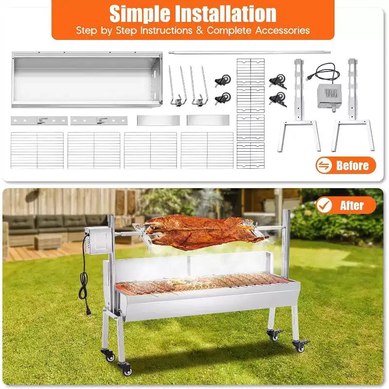 Kit de rôtissoire électrique AMERLIFE, capacité de 60 kg, rôtissoire barbecue réglable en hauteur en acier inoxydable pour agneau, dinde, camping en plein air