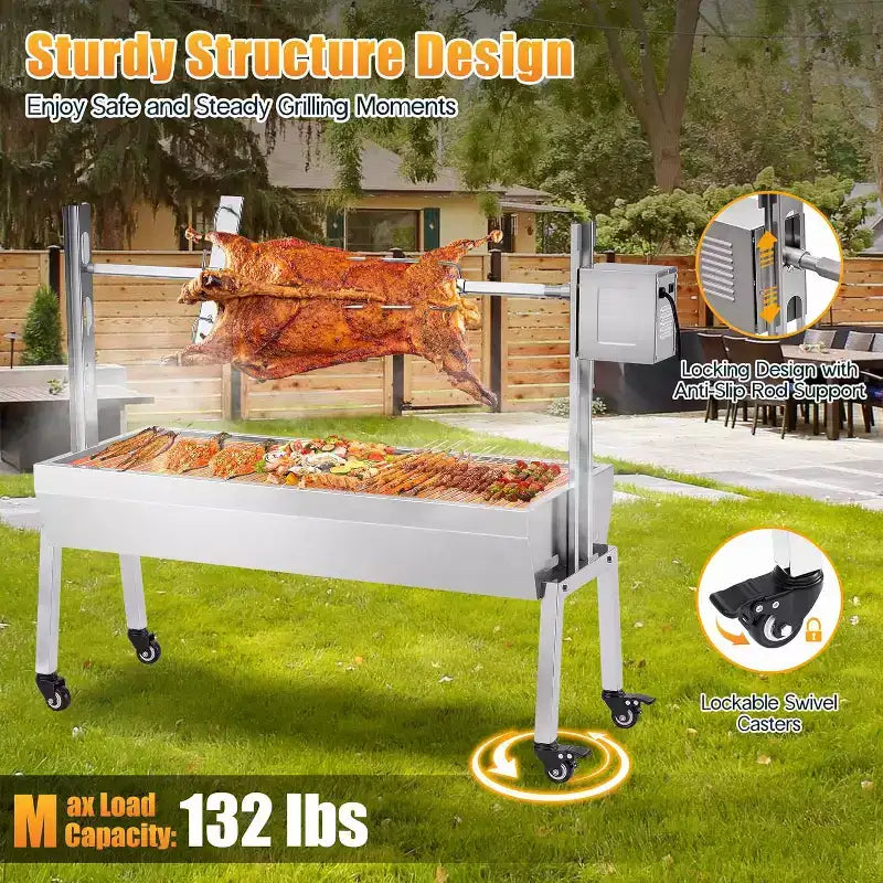 Kit de rôtissoire électrique AMERLIFE, capacité de 60 kg, rôtissoire barbecue réglable en hauteur en acier inoxydable pour agneau, dinde, camping en plein air