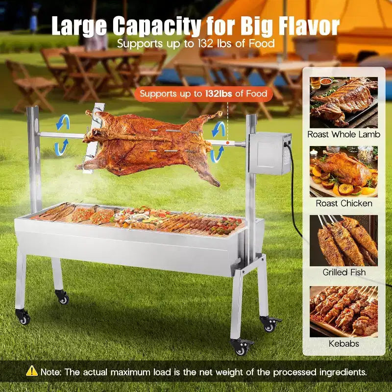Kit de rôtissoire électrique AMERLIFE, capacité de 60 kg, rôtissoire barbecue réglable en hauteur en acier inoxydable pour agneau, dinde, camping en plein air