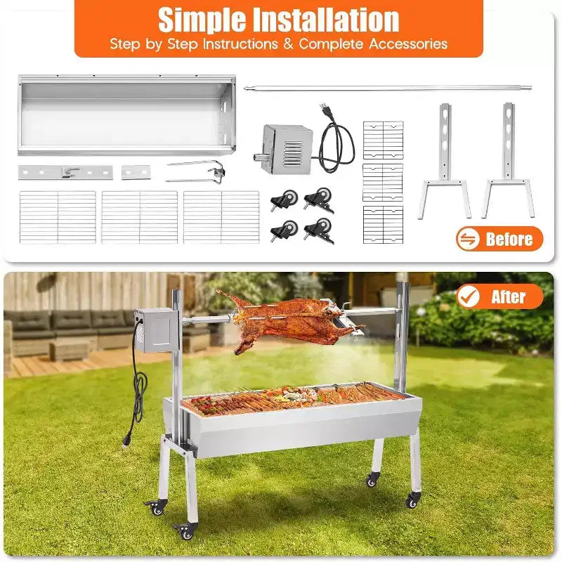 Kit de rôtissoire électrique AMERLIFE, capacité de 60 kg, rôtissoire barbecue réglable en hauteur en acier inoxydable pour agneau, dinde, camping en plein air