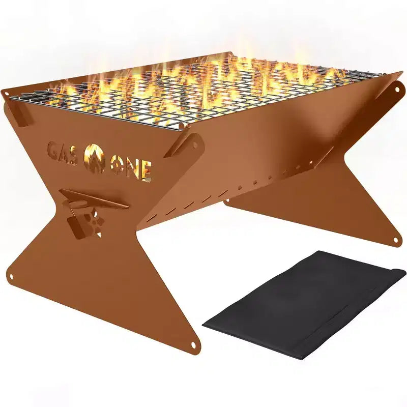 GasOne 15-inch Brown Portable Charcoal Grill - Foldable BBQ Grill - Camping Grills for Backyard, Bonfire, Patio - Heavy-Duty Portable Fire Pit