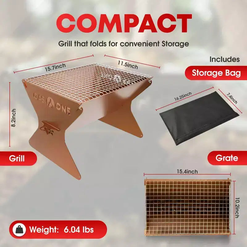 GasOne 15-inch Brown Portable Charcoal Grill - Foldable BBQ Grill - Camping Grills for Backyard, Bonfire, Patio - Heavy-Duty Portable Fire Pit