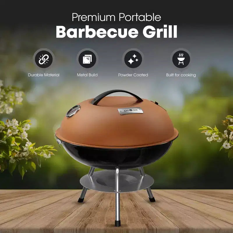 GasOne 14-inch Brown Portable Charcoal Grill  Barbecue Grill with 3-Point Locking Lid for Heat Preservation Dual Venting System