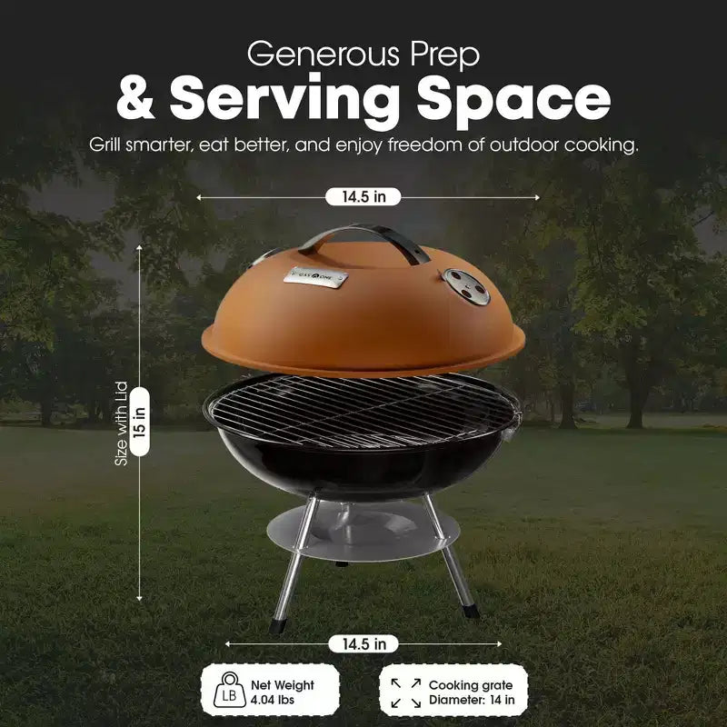 GasOne 14-inch Brown Portable Charcoal Grill  Barbecue Grill with 3-Point Locking Lid for Heat Preservation Dual Venting System