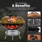 GasOne 14-inch Brown Portable Charcoal Grill  Barbecue Grill with 3-Point Locking Lid for Heat Preservation Dual Venting System