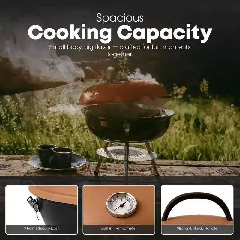 GasOne 14-inch Brown Portable Charcoal Grill  Barbecue Grill with 3-Point Locking Lid for Heat Preservation Dual Venting System