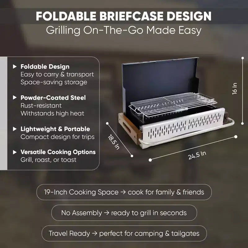Barbecue au charbon de bois portable GasOne - Barbecue pliable de 62,2 x 47 cm avec couvercle - Aucun assemblage requis
