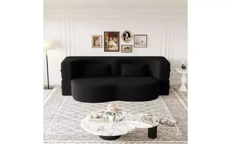 EHMKNP Modern Floor Sofa with 2 Pillows,Convertible Teddy Fabric Foam-Filled Sleeper Sofa Bed,for Living Room