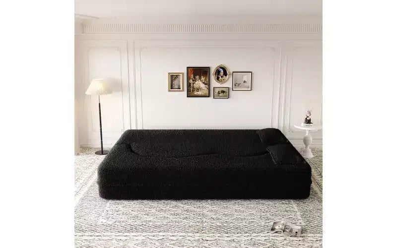 EHMKNP Modern Floor Sofa with 2 Pillows,Convertible Teddy Fabric Foam-Filled Sleeper Sofa Bed,for Living Room