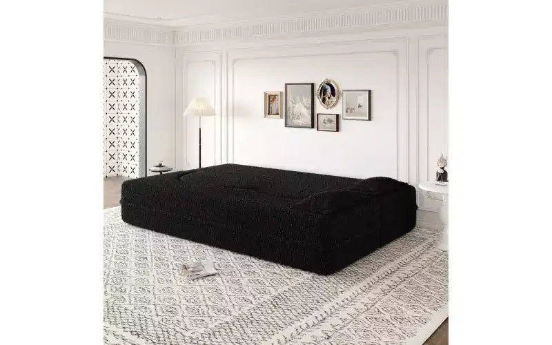 EHMKNP Modern Floor Sofa with 2 Pillows,Convertible Teddy Fabric Foam-Filled Sleeper Sofa Bed,for Living Room