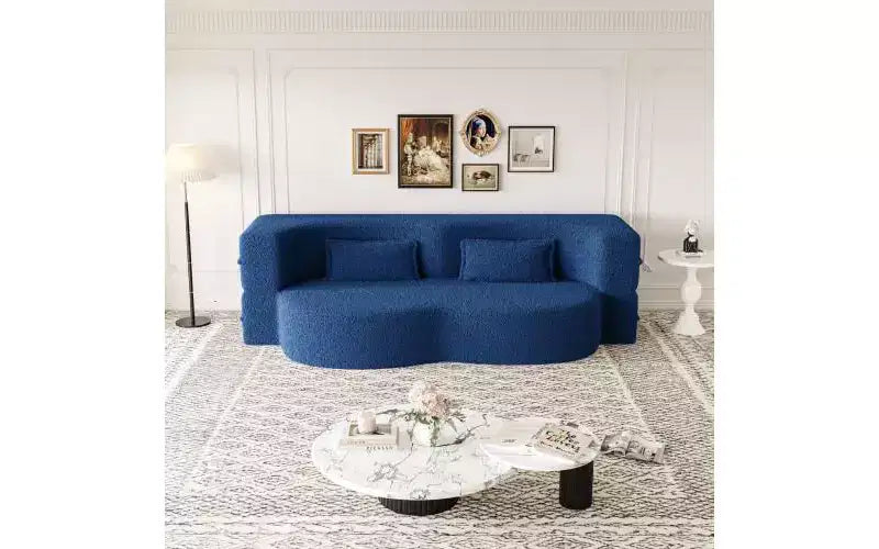 EHMKNP Modern Floor Sofa with 2 Pillows,Convertible Teddy Fabric Foam-Filled Sleeper Sofa Bed,for Living Room