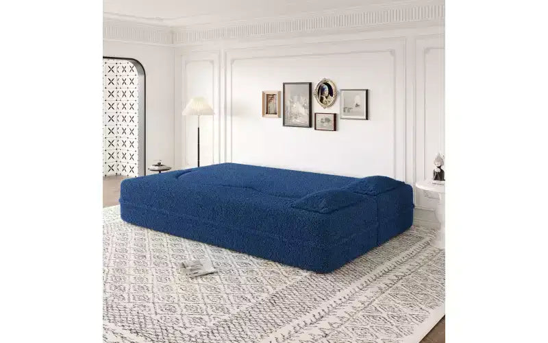EHMKNP Modern Floor Sofa with 2 Pillows,Convertible Teddy Fabric Foam-Filled Sleeper Sofa Bed,for Living Room