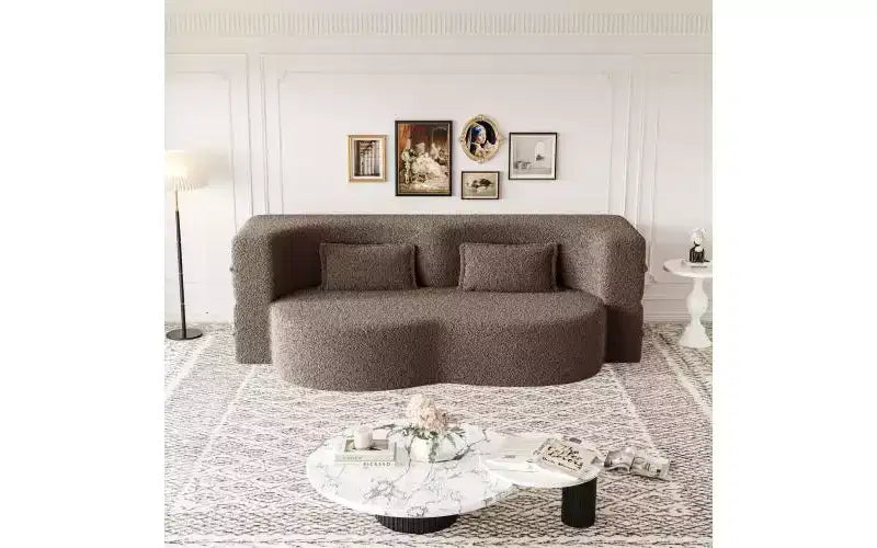EHMKNP Modern Floor Sofa with 2 Pillows,Convertible Teddy Fabric Foam-Filled Sleeper Sofa Bed,for Living Room