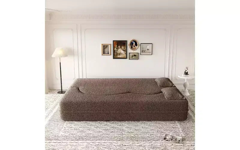 EHMKNP Modern Floor Sofa with 2 Pillows,Convertible Teddy Fabric Foam-Filled Sleeper Sofa Bed,for Living Room
