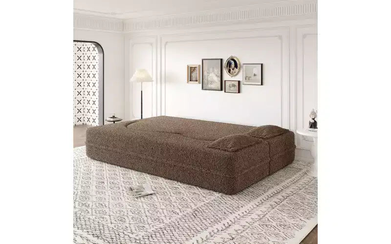 EHMKNP Modern Floor Sofa with 2 Pillows,Convertible Teddy Fabric Foam-Filled Sleeper Sofa Bed,for Living Room