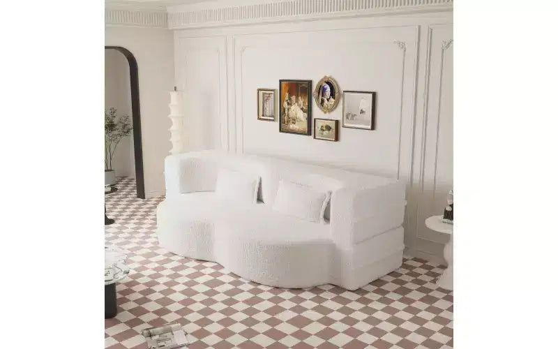EHMKNP Modern Floor Sofa with 2 Pillows,Convertible Teddy Fabric Foam-Filled Sleeper Sofa Bed,for Living Room
