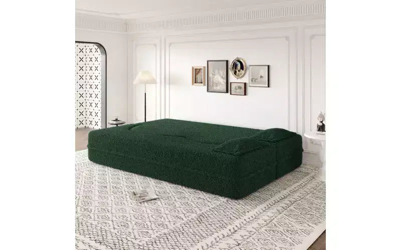 EHMKNP Modern Floor Sofa with 2 Pillows,Convertible Teddy Fabric Foam-Filled Sleeper Sofa Bed,for Living Room