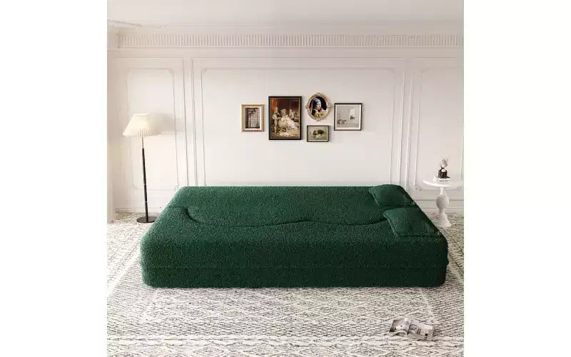 EHMKNP Modern Floor Sofa with 2 Pillows,Convertible Teddy Fabric Foam-Filled Sleeper Sofa Bed,for Living Room