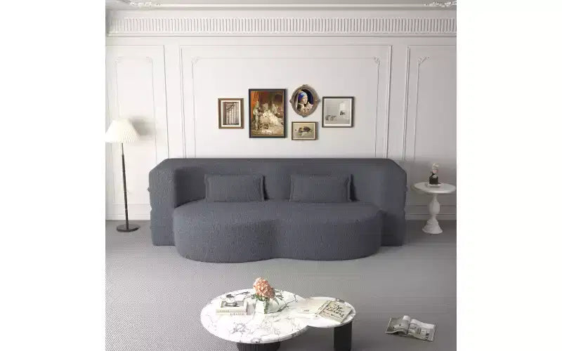 EHMKNP Modern Floor Sofa with 2 Pillows,Convertible Teddy Fabric Foam-Filled Sleeper Sofa Bed,for Living Room