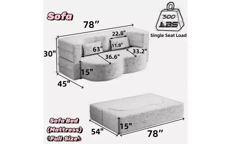 EHMKNP Modern Floor Sofa with 2 Pillows,Convertible Teddy Fabric Foam-Filled Sleeper Sofa Bed,for Living Room