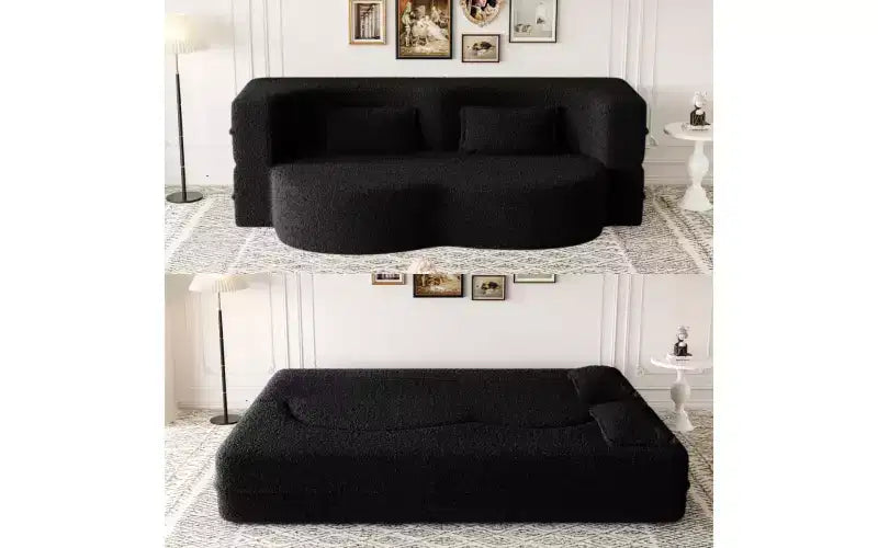 EHMKNP Modern Floor Sofa with 2 Pillows,Convertible Teddy Fabric Foam-Filled Sleeper Sofa Bed,for Living Room