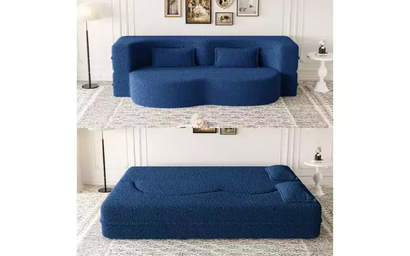 EHMKNP Modern Floor Sofa with 2 Pillows,Convertible Teddy Fabric Foam-Filled Sleeper Sofa Bed,for Living Room