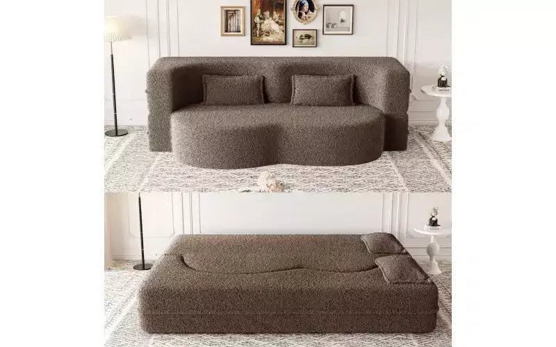 EHMKNP Modern Floor Sofa with 2 Pillows,Convertible Teddy Fabric Foam-Filled Sleeper Sofa Bed,for Living Room
