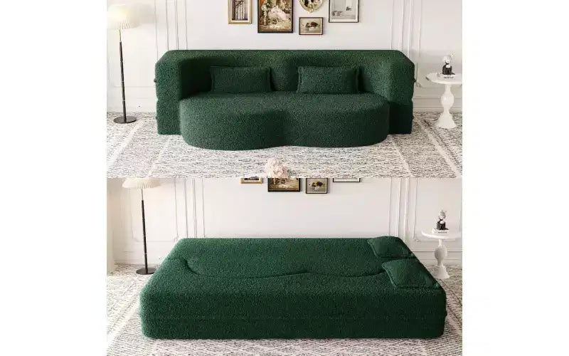 EHMKNP Modern Floor Sofa with 2 Pillows,Convertible Teddy Fabric Foam-Filled Sleeper Sofa Bed,for Living Room