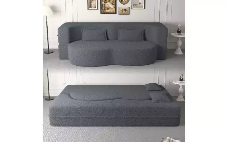 EHMKNP Modern Floor Sofa with 2 Pillows,Convertible Teddy Fabric Foam-Filled Sleeper Sofa Bed,for Living Room